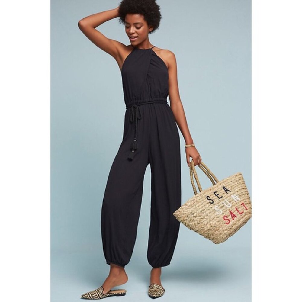 Anthropologie Elevenses Black North Beach Halter Sleeveless Belted Jumpsuit M